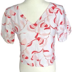 Vintage Siam White Red, Pink & White Floral V-neck Short Sleeve Linen Crop Top